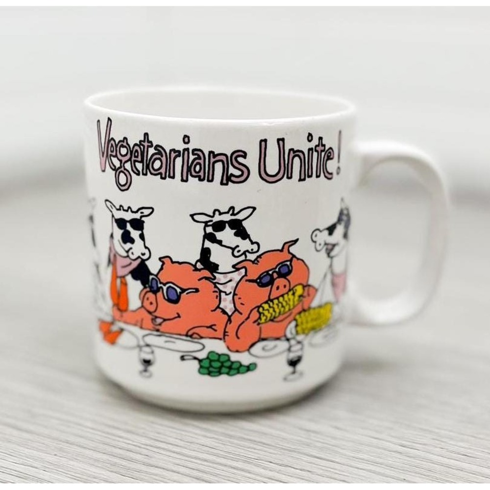 Vegetarians Unite Coffee Mug, Retro Pig Coffee Cup